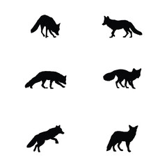 Black fox silhouette set featuring walking, sitting, and standing poses. Ideal for forest themes, wildlife artwork, educational material, nature logos, and vector animal clipart design.