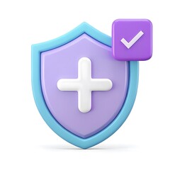 Fototapeta premium 3D Render of a Shield Icon with a Plus Sign and a Checkmark, Representing Health and Security