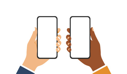 Flat cartoon hand holding white screen smartphone