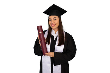 Proud graduate student holding her diploma, celebrating academic achievement with transparent...