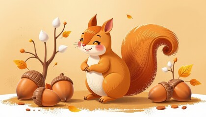 whimsical squirrel painting acorns in an illustrative style, with cinnamon brown and saffron tones
