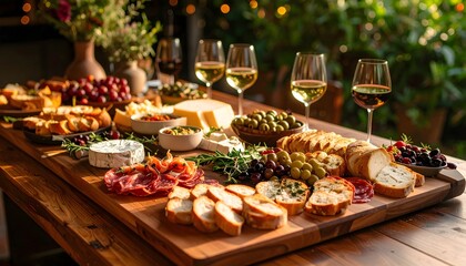 Gourmet charcuterie board with wine glasses on a wooden table