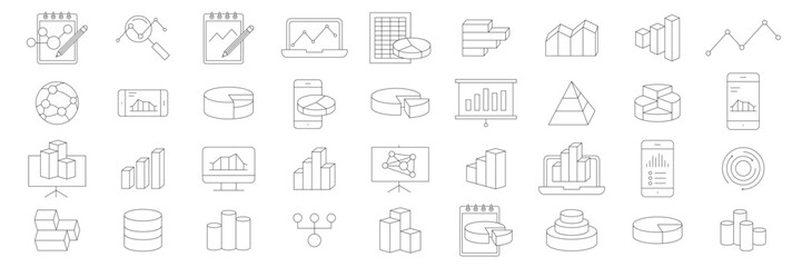 Analysis, Statistics line icons. Chart, Report and Service signs. Data and Presentation symbols.