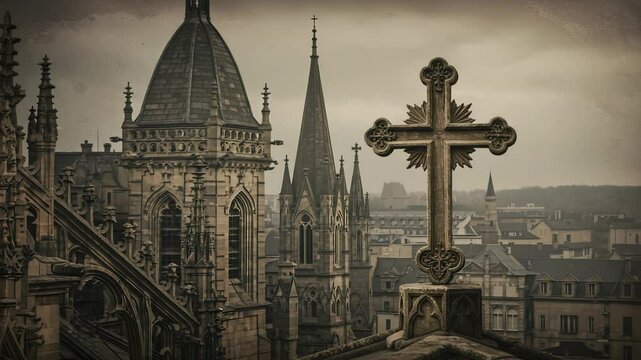 Dramatic aerial view of an old european church cross and gothic architecture buildings