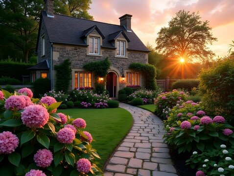 Charming Stone Cottage Garden at Sunset with Pink Hydrangeas