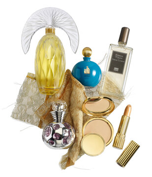 Barcelona - Spain - Circa December 2020 - Still life of different distinguished brands of fragrances and make ups for women. Apege, Srge Lutens,Estee Lauder
