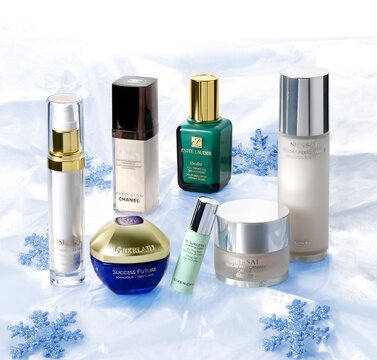Barcelona- Spain- Circa August, 2021.  Christmas concept set of cosmetics brands of anti age and lifting treatment, serum repair and wrinkle repair. Prestigious brands, Sensai, Givenchy,Guerlain, Chan