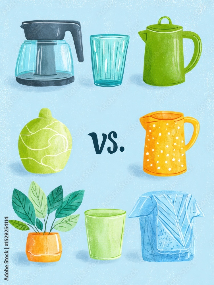 Poster comparison of reusable and disposable household items highlighting environmental impacts and consume