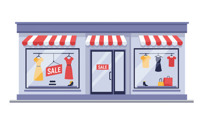 Offline shop building exterior, payment in store. Business commerce. Small shop in house. Vector flat illustration