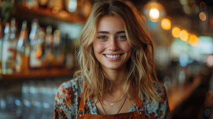 A cheerful barista with flowing hair smiles warmly, showcasing a cozy café ambiance filled with sunlight and inviting energy, perfect for capturing friendly interactions.