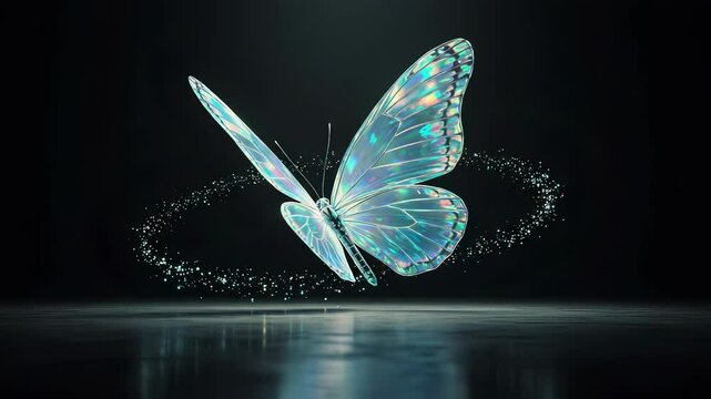 Elegant iridescent butterfly animation with glittering particle trail on dark background