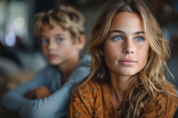 Fototapeta premium A beautiful girl with long hair sits contemplatively beside a boy, emphasizing emotional depth and connection, set in an inviting and warm indoor atmosphere.