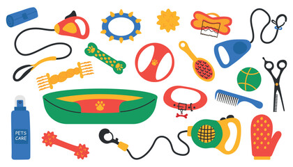 Set of pet toys. Play accessories, supplies for cats, dogs. Grooming items. Flat vector