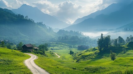 Obraz premium peaceful mountain valley with a winding path leading to a distant village, Generative AI