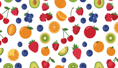 Fruit seamless pattern, decorative background of fruits and berries icons, textile print, wallpaper, decoration. 