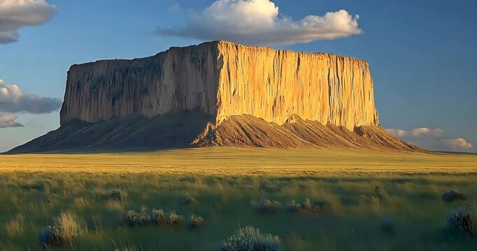 Static wide shot of a majestic mesa rising from a grassy plain under a dramatic sky.