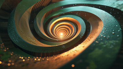 Abstract spiraling wooden structure leading to a glowing light source in the center
