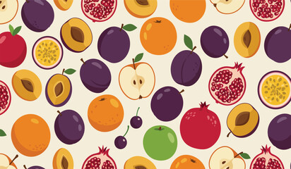 Fruit seamless pattern, decorative background of fruits and berries icons, textile print, wallpaper, decoration. 