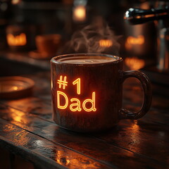 An illuminated mug with the text "Dad" on it, sitting in front of a steaming cup of coffee. The background is cozy, creating a warm atmosphere. 