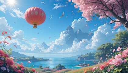 Fototapeta premium Serene landscape with pink hot air balloon and blossoming flowers