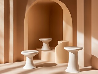 Soft light geometric setup with abstract pedestals in tan and white for product