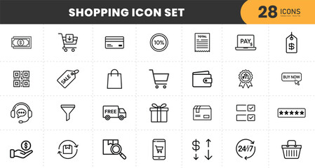   Shopping   linear vector icon set. Editable stroke. Pixel perfect. The set contains icons such as Shopping, E-Commerce, Store, Discount, Shopping Cart, Delivering, Wallet .
