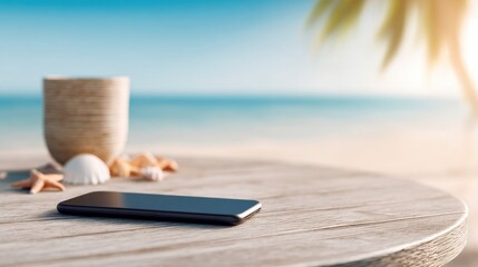 A smartphone rests on a wooden table beside a drink and seashells at a beach sunset