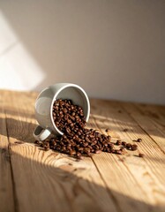 Artisan Ceramic Coffee Cup Overturned with Spilled Organic Coffee Beans on Rustic Wooden Table. Warm Morning Light, Textured Surface, Evoking Rich Aroma & Cozy Atmosphere
