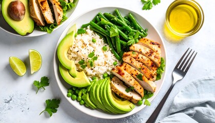 Healthy chicken bowl with avocado, rice and green beans for diet meal