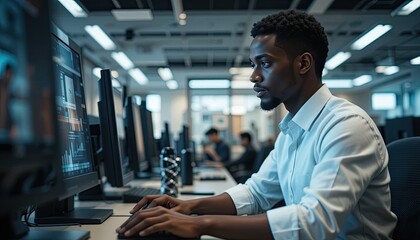 Focused young man working on computer in modern office