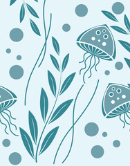Jellyfish and sea plants minimal illustration