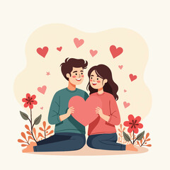 Romantic Couple Sitting Close with Heart – Valentine Flat Vector