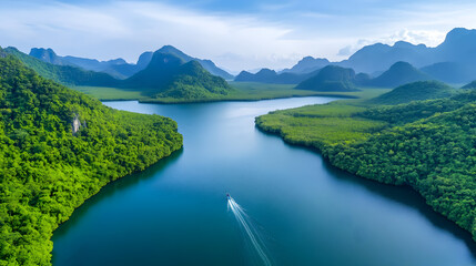 aerial view mangrove forest and mountain peak of Phang nga bay, Thailand