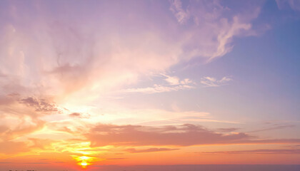 Fototapeta premium Panoramic photo, view of a pink and purple sky at sunset. Sky panorama background, header and web banner