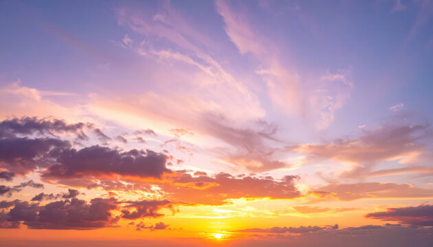 Panoramic photo, view of a pink and purple sky at sunset. Sky panorama background, header and web banner