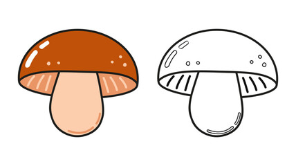 Simple mushroom drawing in color and black and white, perfect for children's coloring activities and educational resources