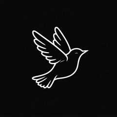 Obraz premium white bird silhouette in flight on black background, flying bird icon minimalist style, bird mid-flight white silhouette 