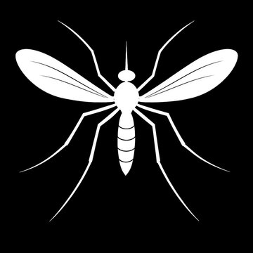 recommend clip art: white mosquito silhouette on black background, minimalist mosquito icon in white, mosquito outline design on dark backdrop