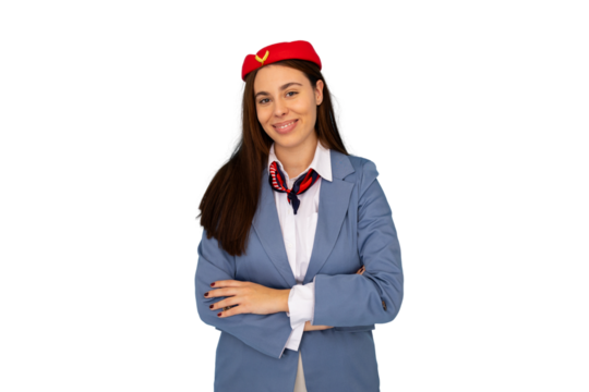 Professional flight attendant standing confidently, arms crossed, smiling with airline uniform against transparent background