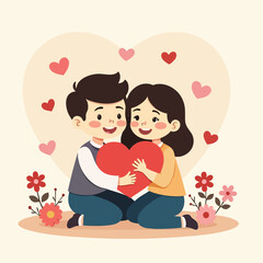 Couple Hugging Surrounded by Flowers – Flat Illustration for Love Theme