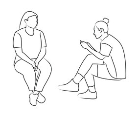 Work of a psychologist and a client with gadget addiction, sketch of seated female silhouettes