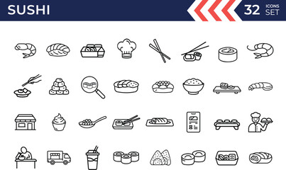 Sushi icon line art vector set. Collection of sushi roll, food chopsticks, Chef hat, caviar and more icon vector