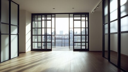Indoor space divided with folding steel doors folded neatly to the side