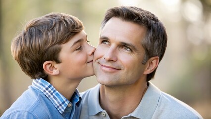 Fototapeta premium Loving Father and Son Bonding Outdoors with Joyful Expressions in Natural Light