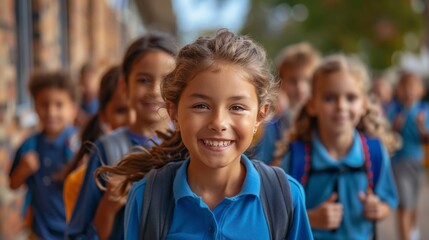 Fototapeta premium A group of happy children walks together after school, smiling and enjoying each other's company as they head home, embodying the joy and excitement of youth and friendship.