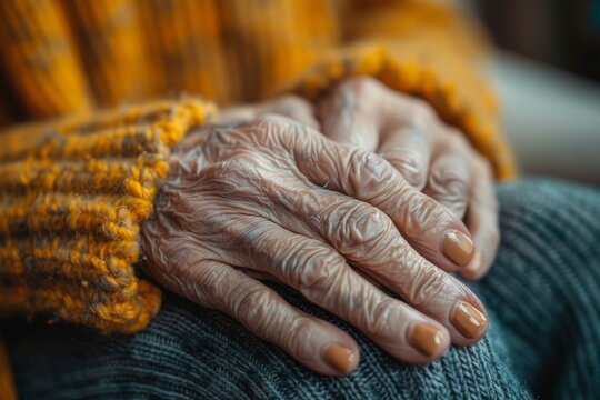 The elderly hands resting calmly reveal a life full of experiences, embodying wisdom and serenity, capturing the beauty of aging and the significance of time in a heartfelt portrayal.
