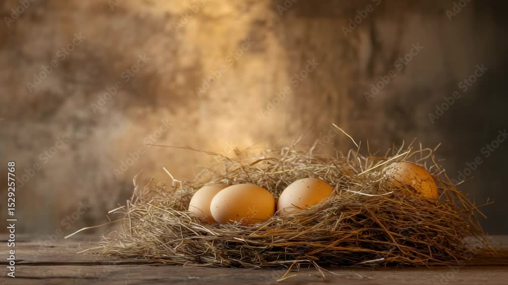 Aufkleber golden light illuminates a nest of fresh, brown eggs nestled in hay atop a weathered wooden table, c
