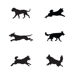 Black dog silhouette bundle featuring running and walking poses. Ideal for pet-themed designs, clipart collections, dog-related graphics, and playful or energetic animal illustrations.