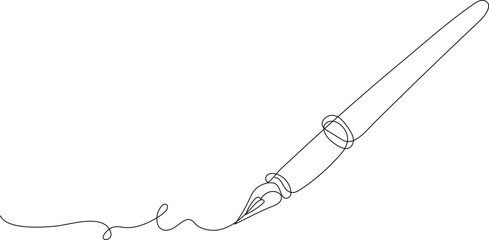 Continuous one line drawing of a fountain pen writing on paper. Minimalist sketch concept representing creativity, education, and handwriting.