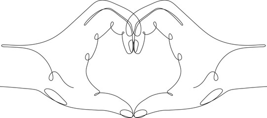 Continuous Line art vector illustration of two hands forming a heart shape gesture. A minimalist and symbolic design representing love, unity, care, and emotional connection.